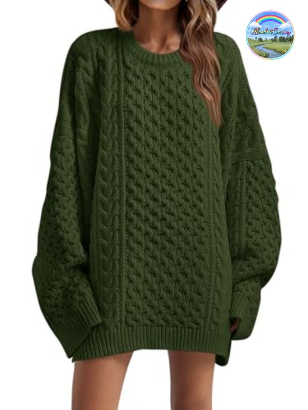 Oversized Chunky Cable Knit Tunic Sweater Crewneck Long Sleeve Pullover